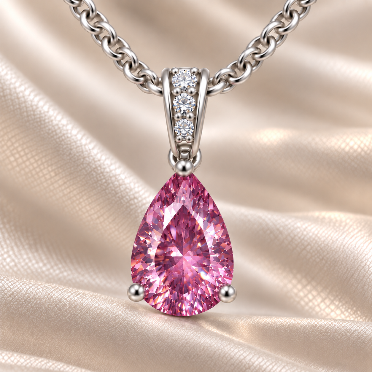 Pink sapphire pendant with a 7×5 mm pear cut, set in white gold-plated 925 silver. Soft, elegant, and refined for daily wear. Available now at BSI Jewelry.