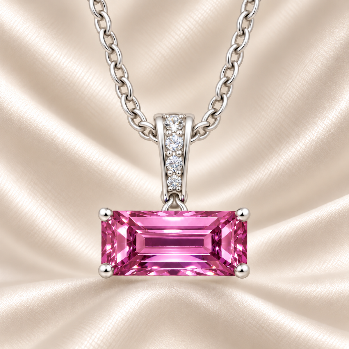 Pink sapphire pendant with an 8×5 mm gemstone in white gold-plated 925 silver, accented with moissanite. Elegant and refined. Available now at BSI Jewelry.