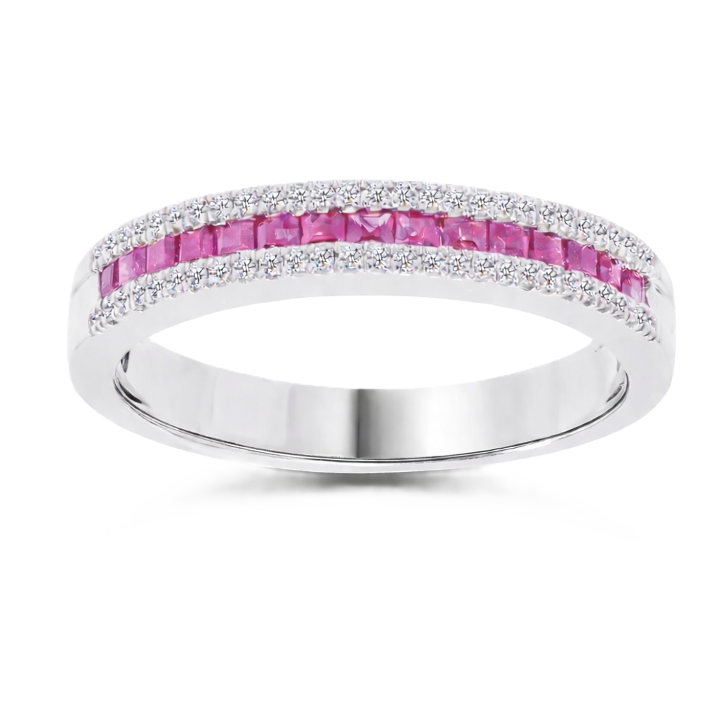 Pink sapphire ring with 1.40 mm square stones in white gold-plated 925 silver, accented with moissanite for refined sparkle. Available now at BSI Jewelry.