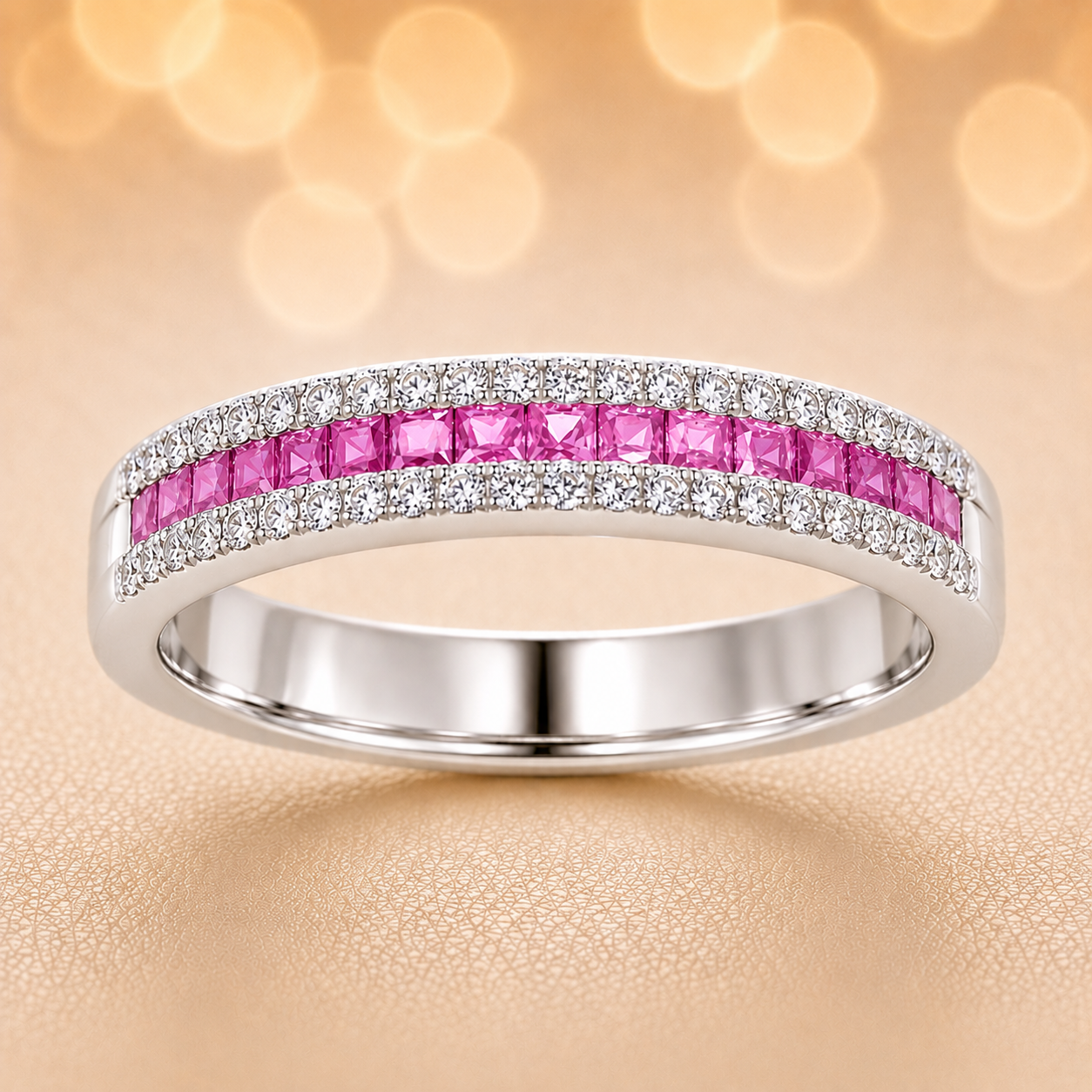 Pink sapphire ring with 1.40 mm square stones in white gold-plated 925 silver, accented with moissanite for refined sparkle. Available now at BSI Jewelry.