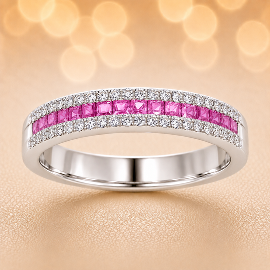 Pink sapphire ring with 1.40 mm square stones in white gold-plated 925 silver, accented with moissanite for refined sparkle. Available now at BSI Jewelry.