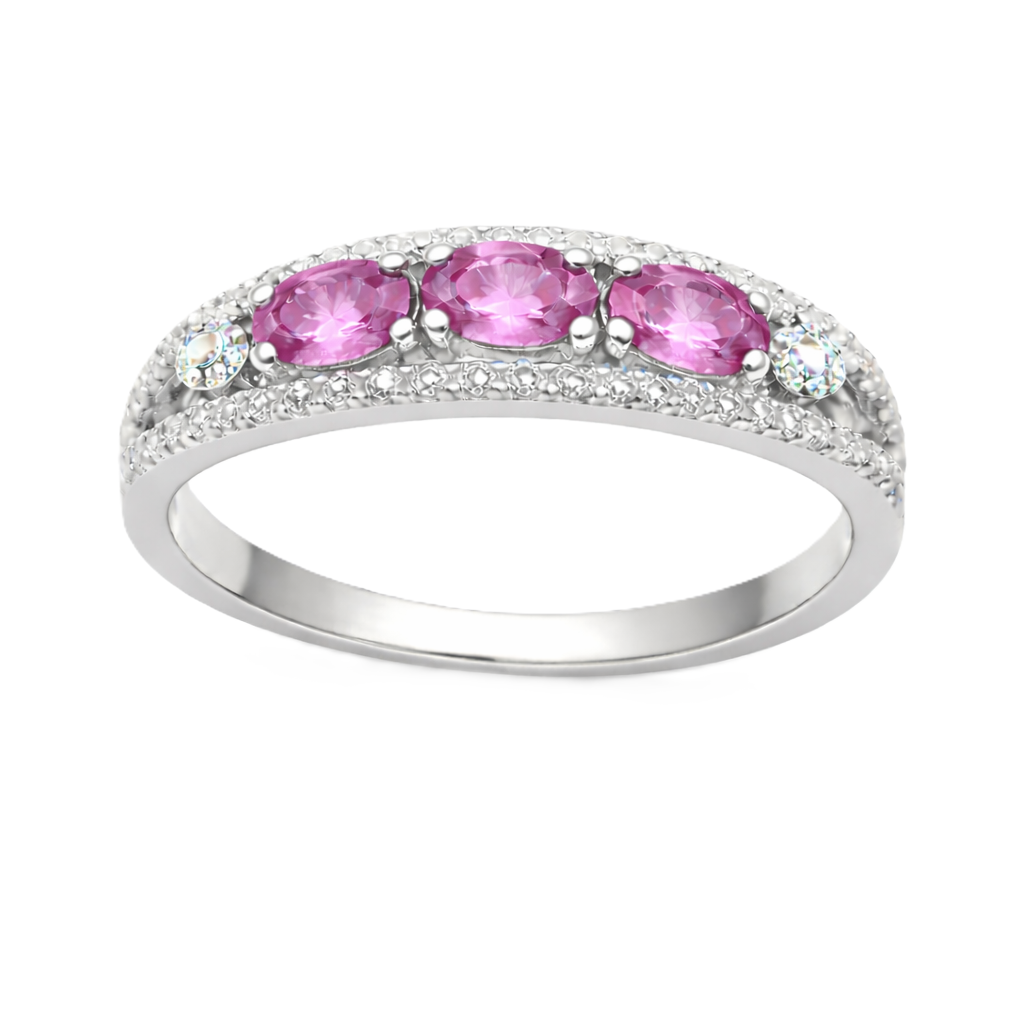 Pink sapphire ring with 5×3 mm oval stones in white gold-plated 925 silver. Elegant, hypoallergenic, and perfect for daily wear. Available now at BSI Jewelry.