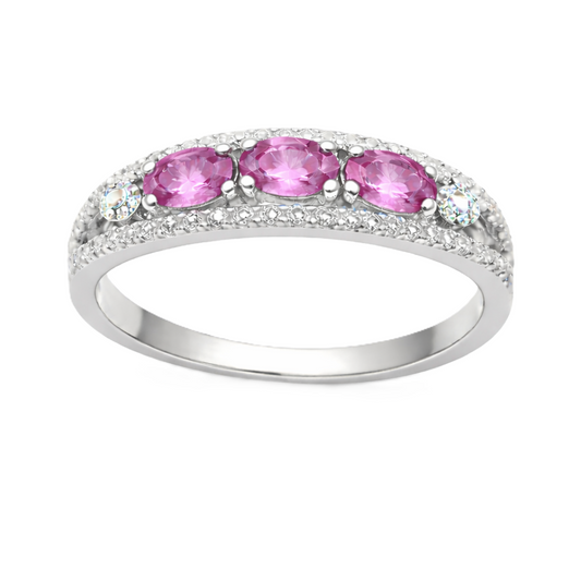 Pink sapphire ring with 5×3 mm oval stones in white gold-plated 925 silver. Elegant, hypoallergenic, and perfect for daily wear. Available now at BSI Jewelry.