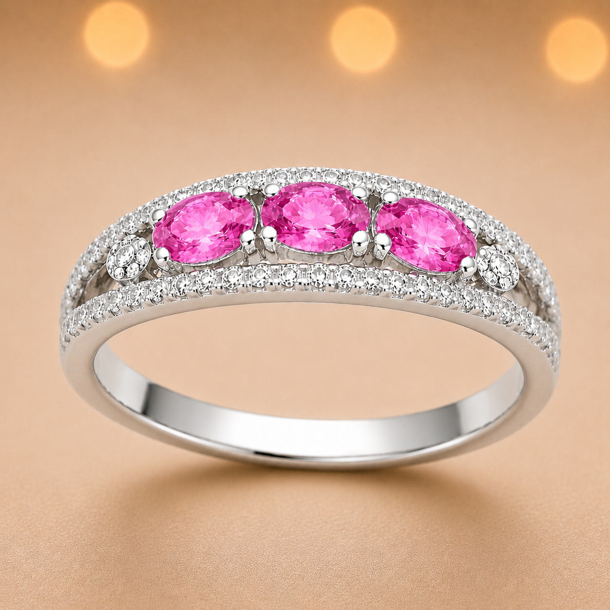 Pink sapphire ring with 5×3 mm oval stones in white gold-plated 925 silver. Elegant, hypoallergenic, and perfect for daily wear. Available now at BSI Jewelry.