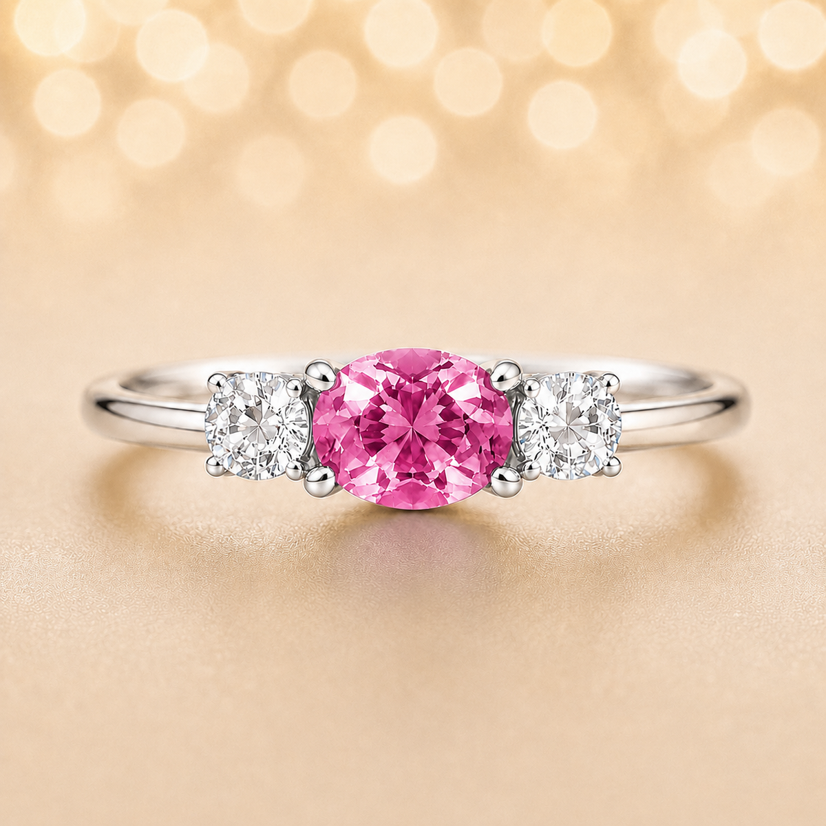 Pink sapphire ring, 5×4 mm oval with moissanite accents in white gold-plated 925 silver. Elegant and hypoallergenic. Available now at BSI Jewelry.