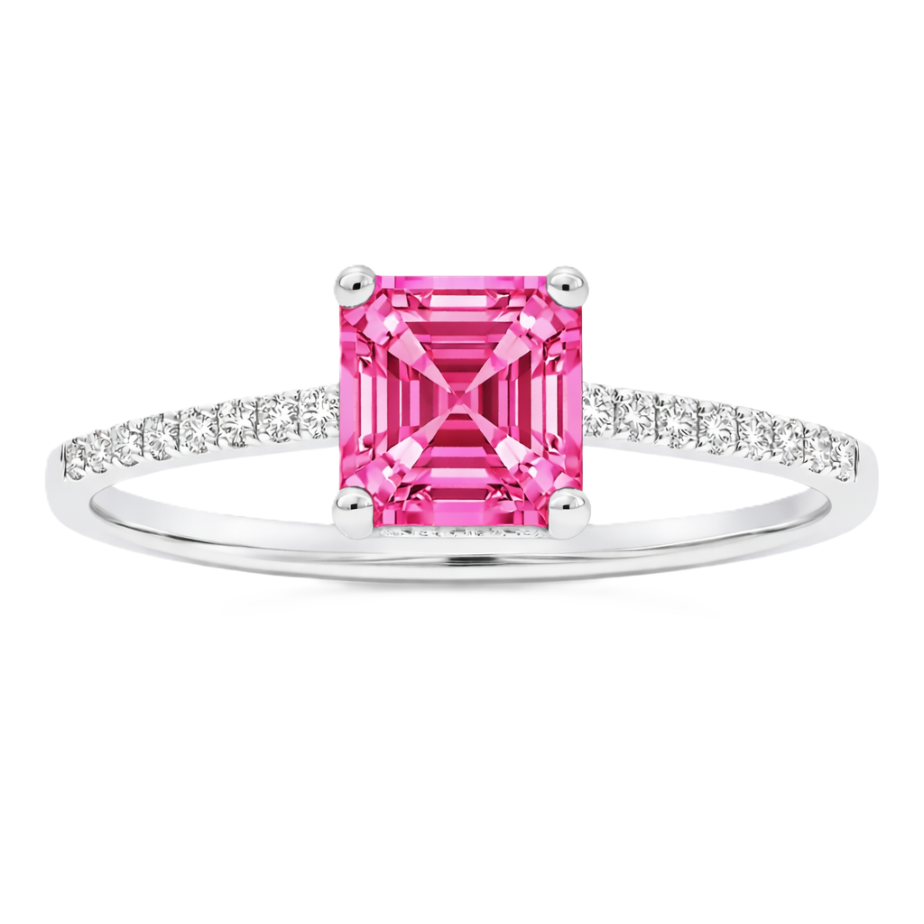 Pink sapphire ring, 6 mm Asscher, set in white gold-plated 925 silver. Hypoallergenic and elegant for daily wear. Available now at BSI Jewelry.