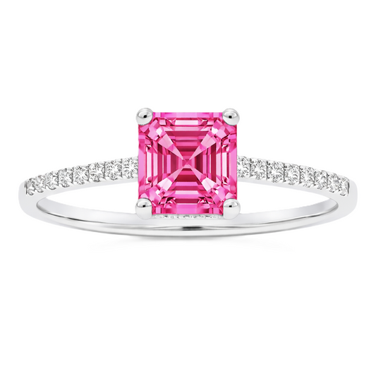 Pink sapphire ring, 6 mm Asscher, set in white gold-plated 925 silver. Hypoallergenic and elegant for daily wear. Available now at BSI Jewelry.