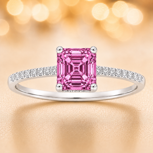 Pink sapphire ring, 6 mm Asscher, set in white gold-plated 925 silver. Hypoallergenic and elegant for daily wear. Available now at BSI Jewelry.