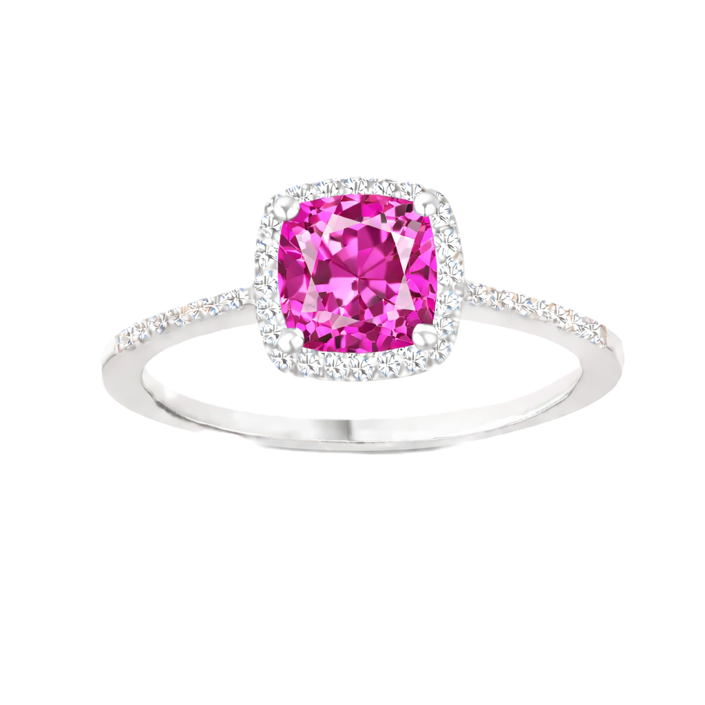 Pink sapphire ring with a 6 mm cushion cut, accented by moissanite in white gold-plated 925 silver. Elegant and timeless. Available now at BSI Jewelry.