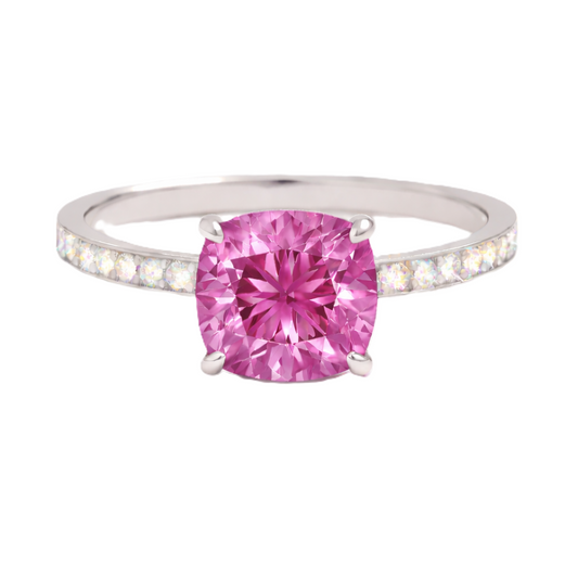 Pink sapphire ring, 6 mm cushion, crafted in white gold-plated 925 silver. Hypoallergenic and elegant for daily wear. Available now at BSI Jewelry.