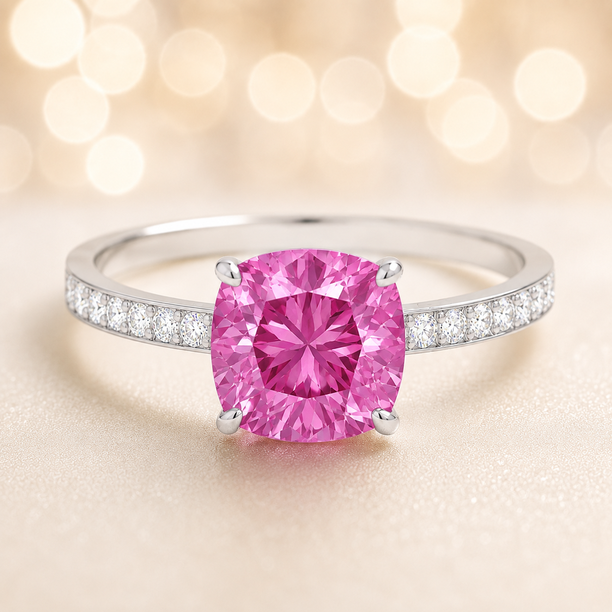 Pink sapphire ring, 6 mm cushion, crafted in white gold-plated 925 silver. Hypoallergenic and elegant for daily wear. Available now at BSI Jewelry.