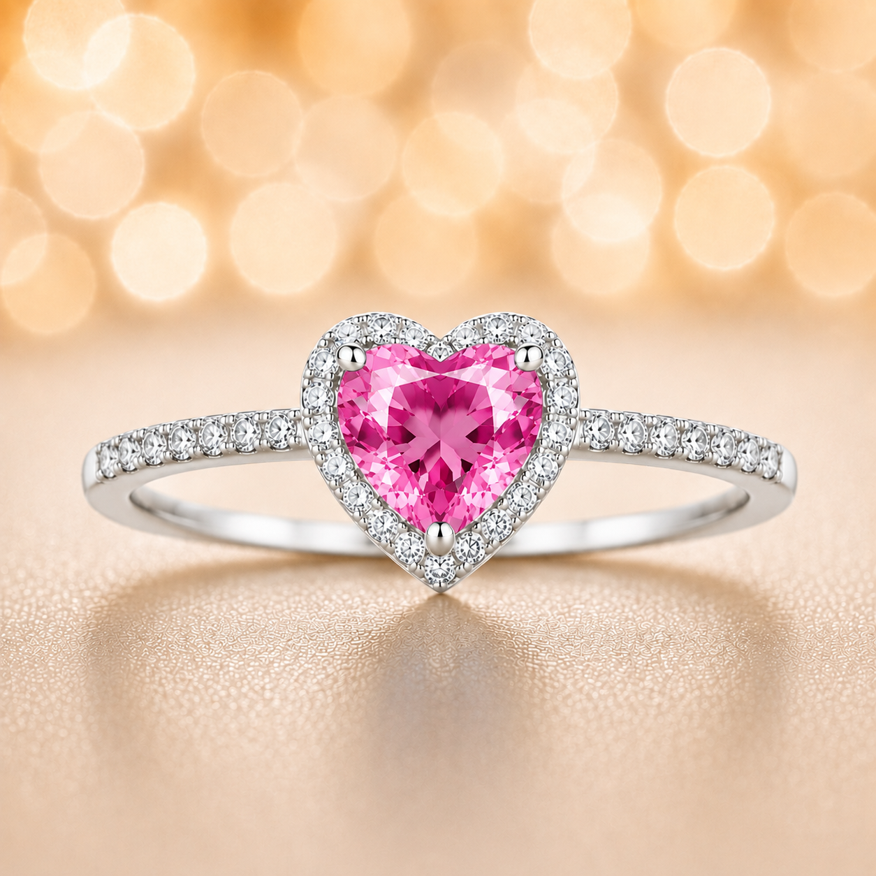 Pink sapphire ring with a 6 mm heart cut, accented by moissanite in white gold-plated 925 silver. Elegant and timeless. Available now at BSI Jewelry.