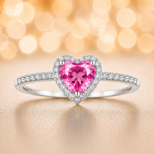 Pink sapphire ring with a 6 mm heart cut, accented by moissanite in white gold-plated 925 silver. Elegant and timeless. Available now at BSI Jewelry.