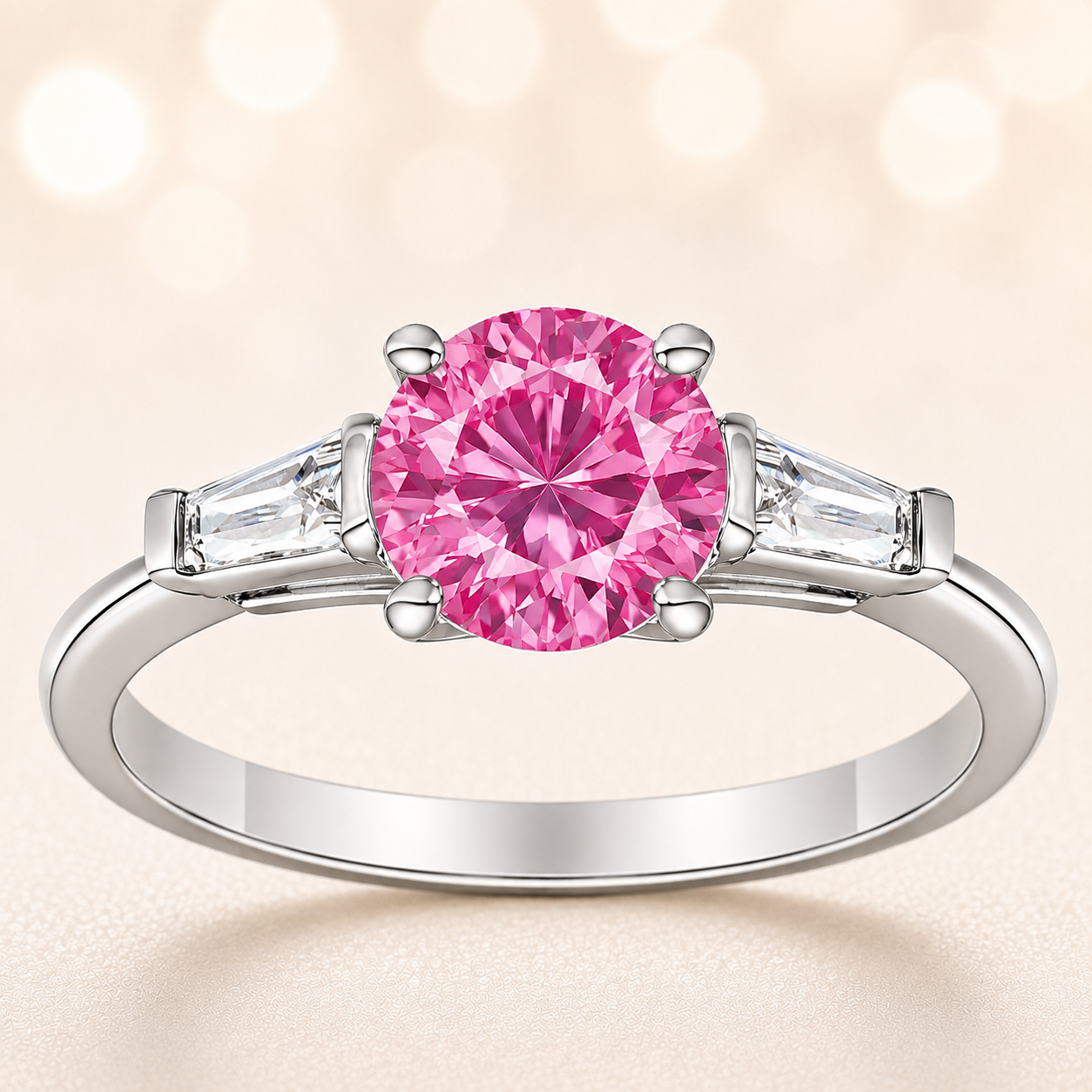 Pink sapphire ring, 6 mm round, with tapered moissanite accents in white gold-plated 925 silver. Soft and radiant. Available now at BSI Jewelry.