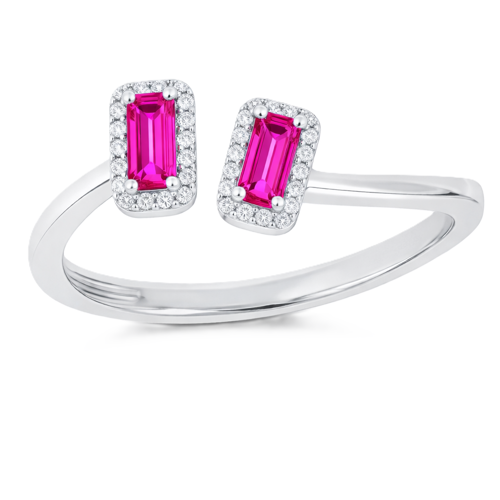Pink sapphire ring with 6×3 mm baguette cut stones in white gold-plated 925 silver, accented with moissanite. Modern and elegant. Available now at BSI Jewelry.