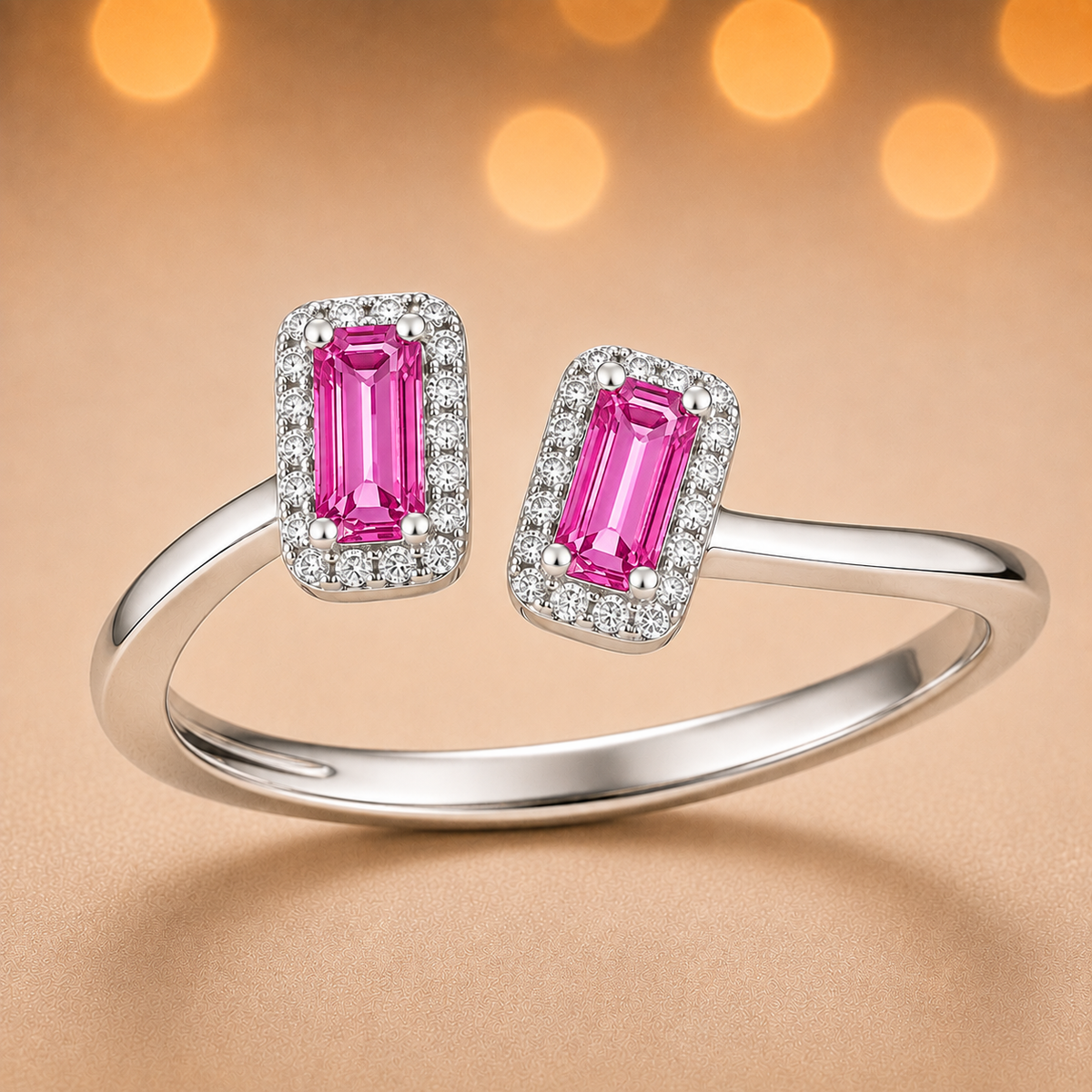 Pink sapphire ring with 6×3 mm baguette cut stones in white gold-plated 925 silver, accented with moissanite. Modern and elegant. Available now at BSI Jewelry.