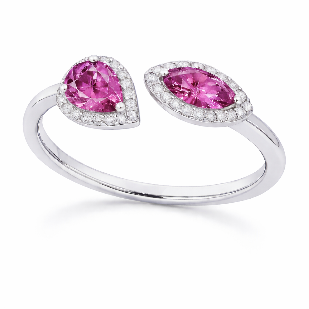 Pink sapphire ring with 6×3 mm pear and marquise cuts, crafted in white gold-plated 925 silver with moissanite accents. Available now at BSI Jewelry.