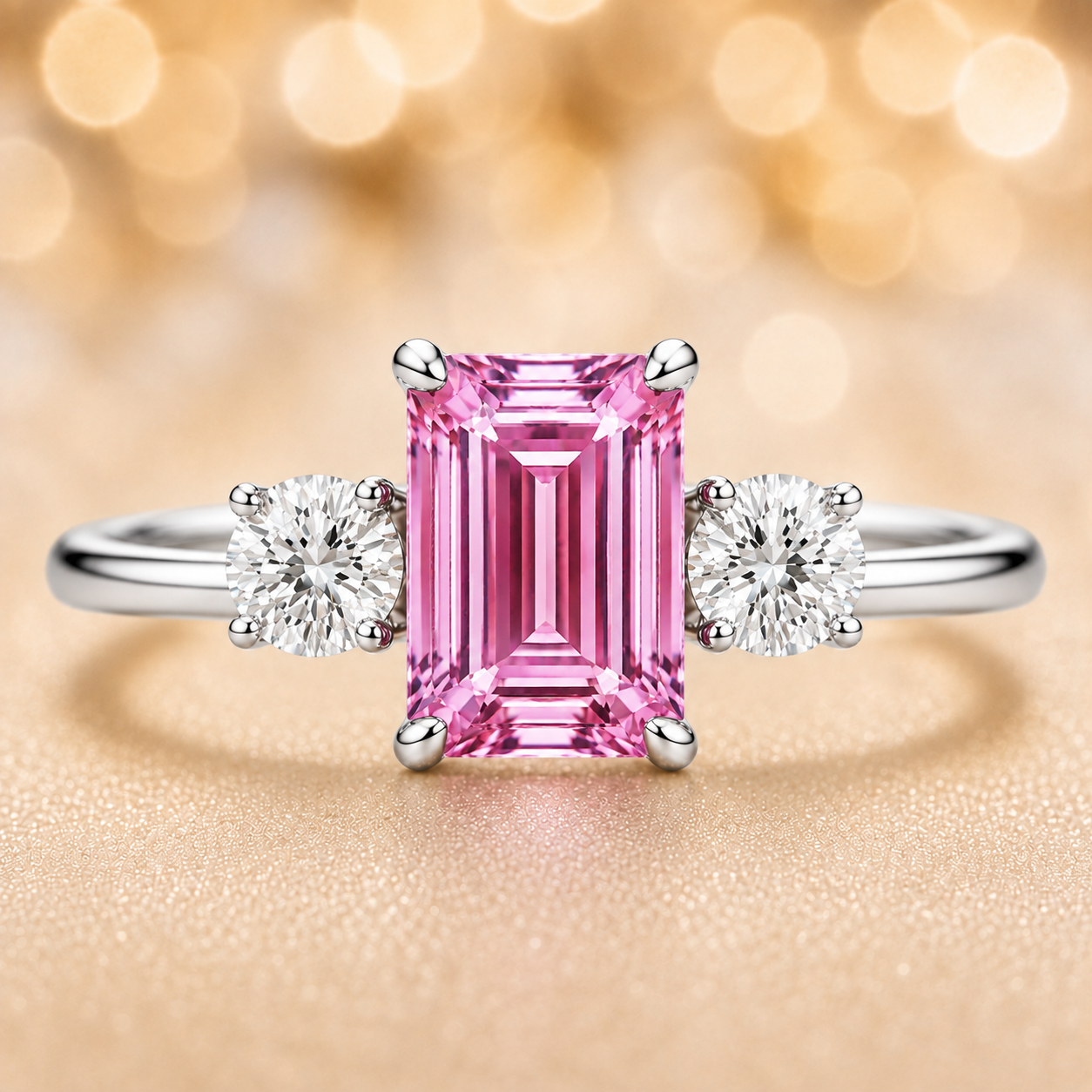 Pink sapphire ring, 6×4 mm emerald cut with 3 mm moissanite sides, set in white gold-plated 925 silver. Elegant and hypoallergenic. Available now at BSI Jewelry.