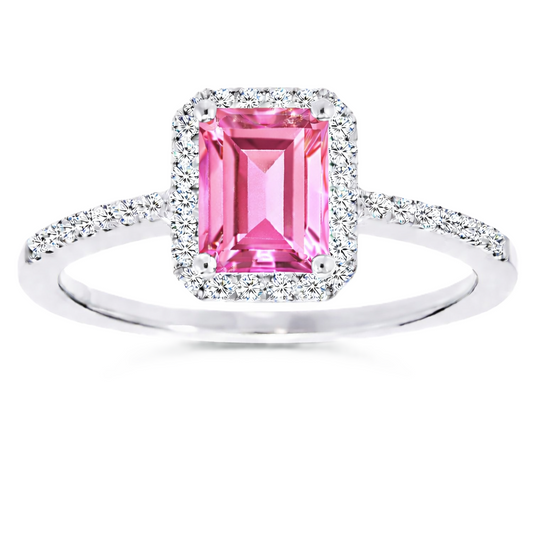 Pink sapphire ring with a 7×5 mm emerald cut, with moissanite in white gold-plated 925 silver. Elegant and timeless for daily wear. Available now at BSI Jewelry.