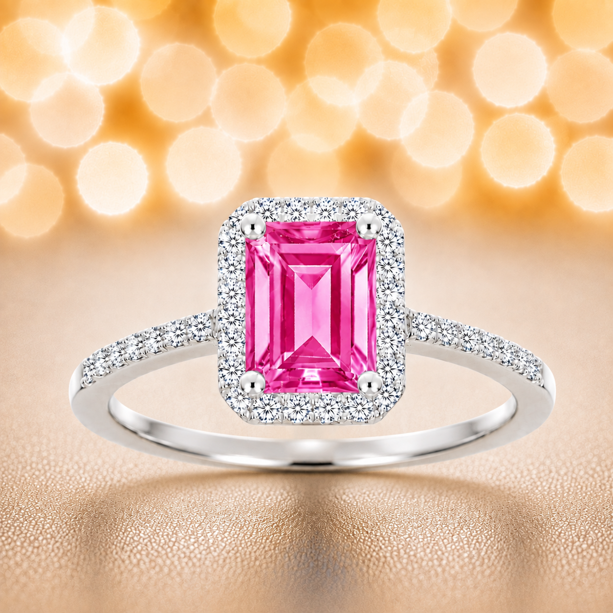Pink sapphire ring with a 7×5 mm emerald cut, with moissanite in white gold-plated 925 silver. Elegant and timeless for daily wear. Available now at BSI Jewelry.