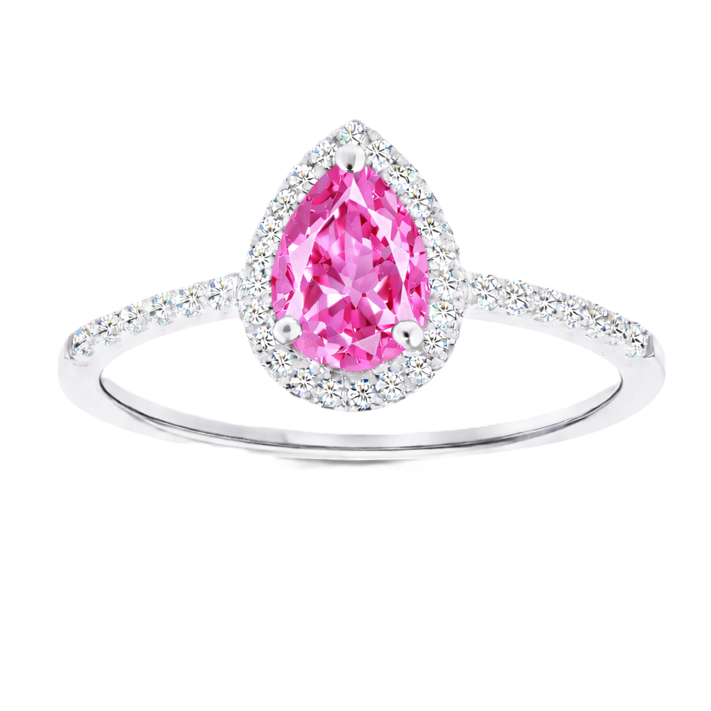 Pink sapphire ring with a 7×5 mm pear cut, with moissanite in white gold-plated 925 silver. Elegant and timeless for daily wear. Available now at BSI Jewelry.