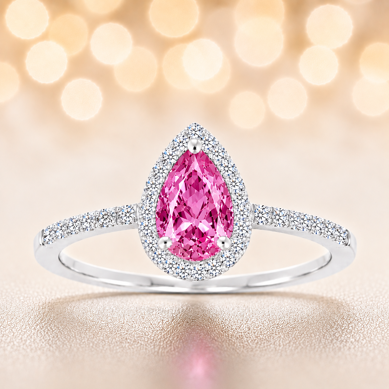 Pink sapphire ring with a 7×5 mm pear cut, with moissanite in white gold-plated 925 silver. Elegant and timeless for daily wear. Available now at BSI Jewelry.