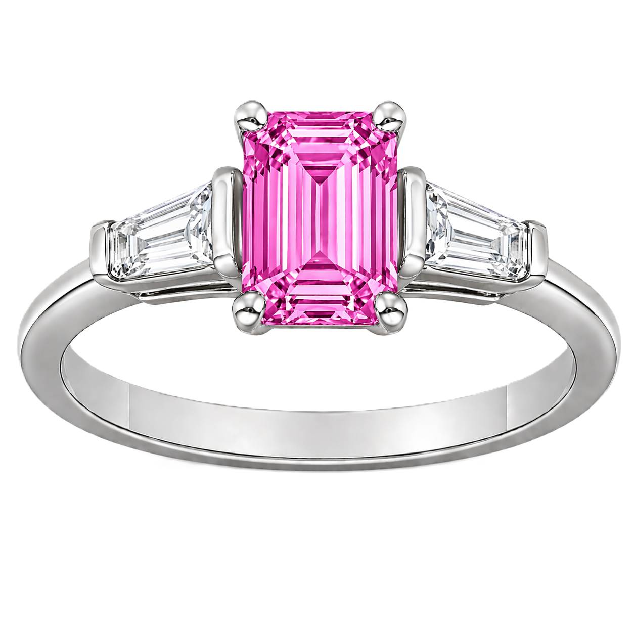 Pink sapphire ring, 7×5 mm emerald cut with tapered moissanite, crafted in white gold-plated 925 silver. Elegant and feminine. Available now at BSI Jewelry.