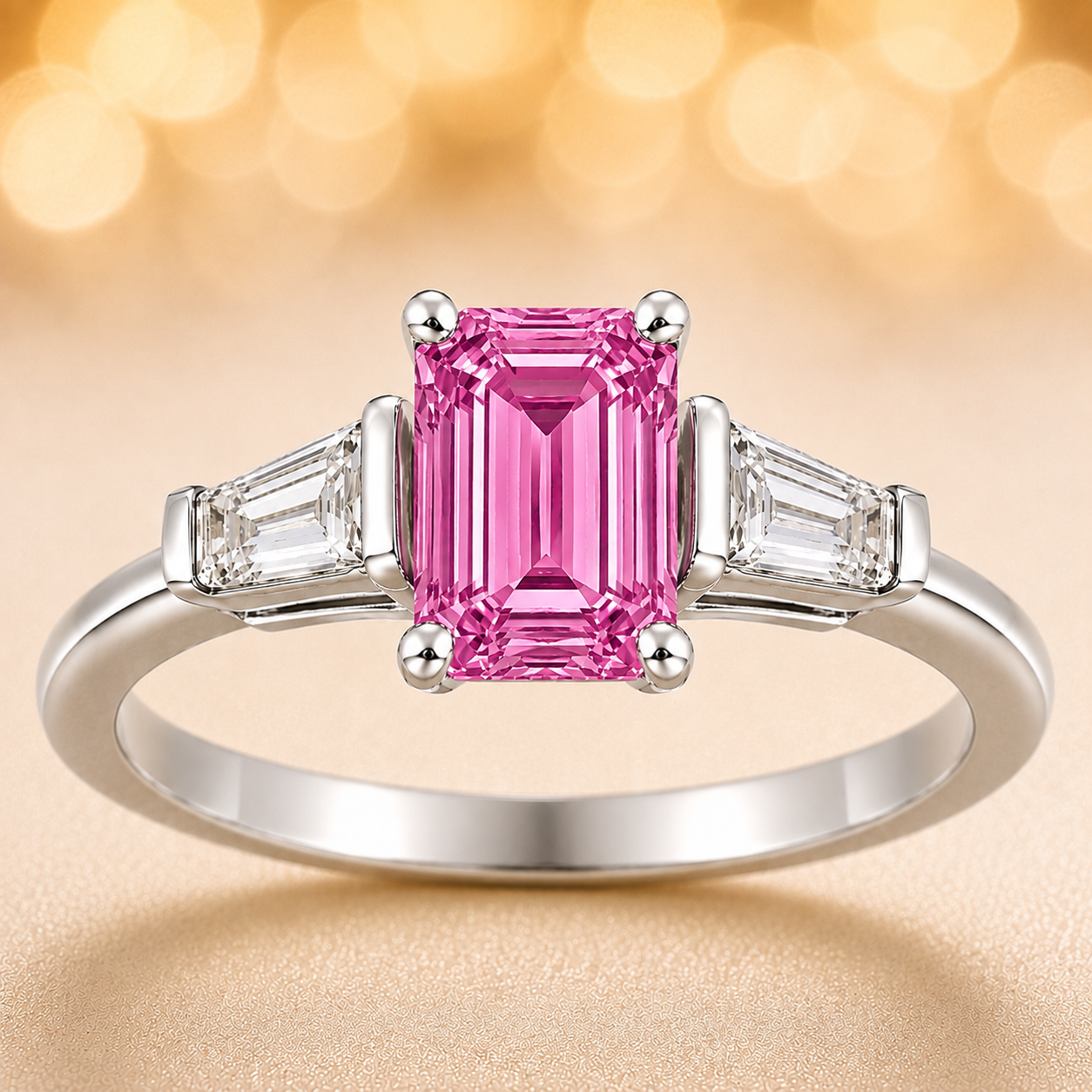 Pink sapphire ring, 7×5 mm emerald cut with tapered moissanite, crafted in white gold-plated 925 silver. Elegant and feminine. Available now at BSI Jewelry.