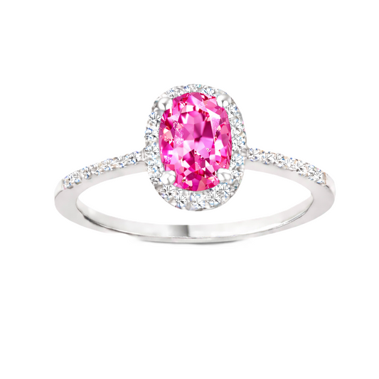 Pink sapphire ring with a 7×5 mm oval cut in white gold-plated 925 silver, with moissanite. Elegant and refined for daily wear. Available now at BSI Jewelry.