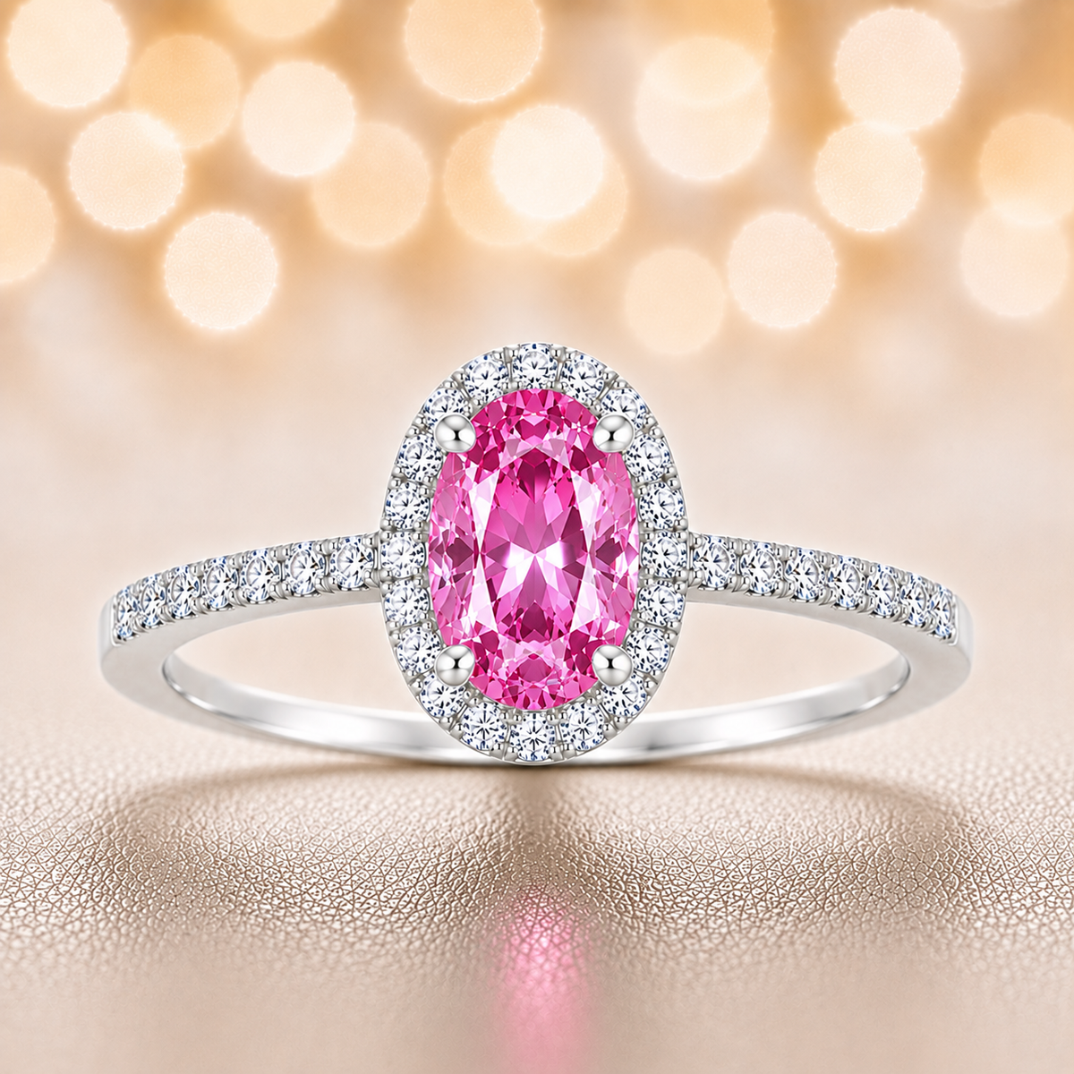 Pink sapphire ring with a 7×5 mm oval cut in white gold-plated 925 silver, with moissanite. Elegant and refined for daily wear. Available now at BSI Jewelry.