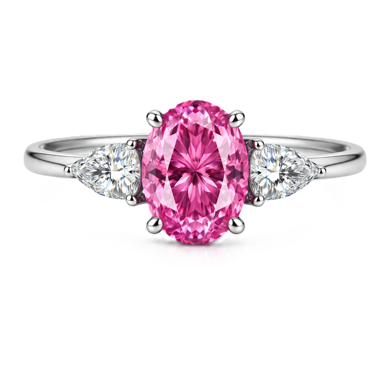Pink sapphire ring with 7×5 mm oval center in white gold-plated 925 silver. Hypoallergenic silver for comfortable daily wear. Available now at BSI Jewelry.