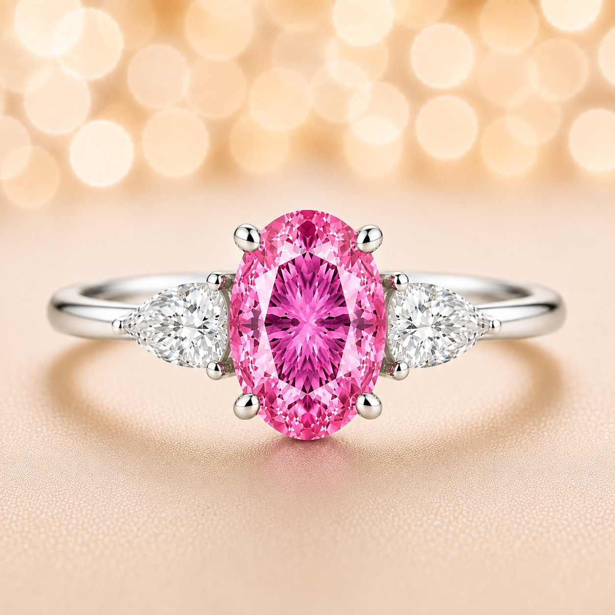 Pink sapphire ring with 7×5 mm oval center in white gold-plated 925 silver. Hypoallergenic silver for comfortable daily wear. Available now at BSI Jewelry.