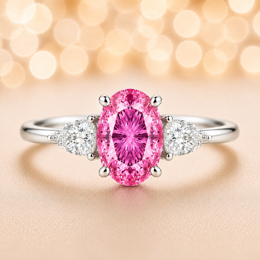 Pink sapphire ring with 7×5 mm oval center in white gold-plated 925 silver. Hypoallergenic silver for comfortable daily wear. Available now at BSI Jewelry.