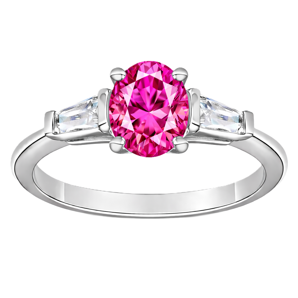 Pink sapphire ring with 7×5 mm oval center in white gold-plated 925 silver. Elegant, feminine, and hypoallergenic. Available now at BSI Jewelry.