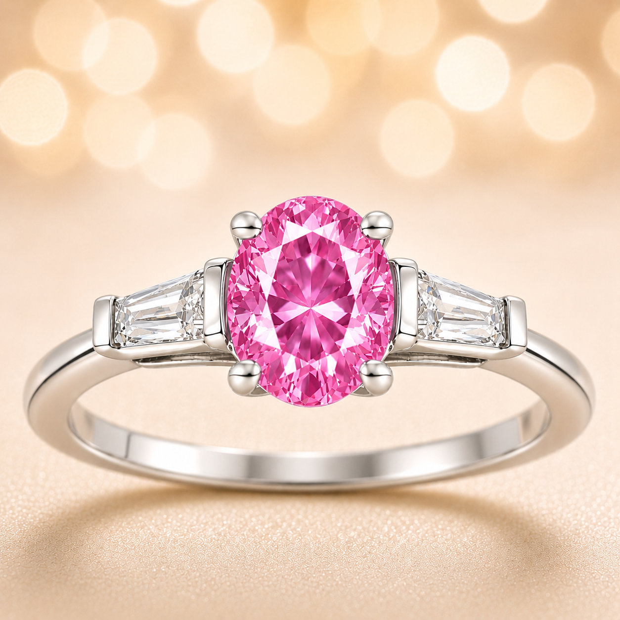 Pink sapphire ring with 7×5 mm oval center in white gold-plated 925 silver. Elegant, feminine, and hypoallergenic. Available now at BSI Jewelry.