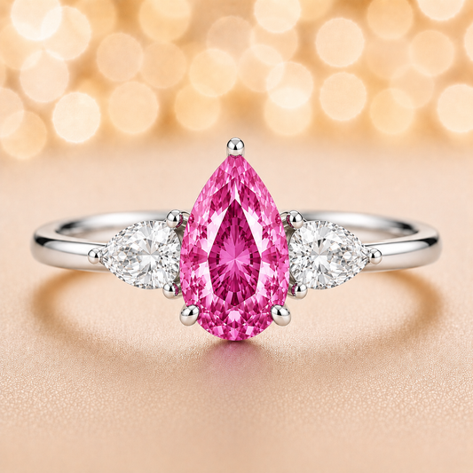 Pink sapphire ring with 7×5 mm pear center and side stones in white gold-plated 925 silver. Elegant and feminine for daily wear. Available now at BSI Jewelry.