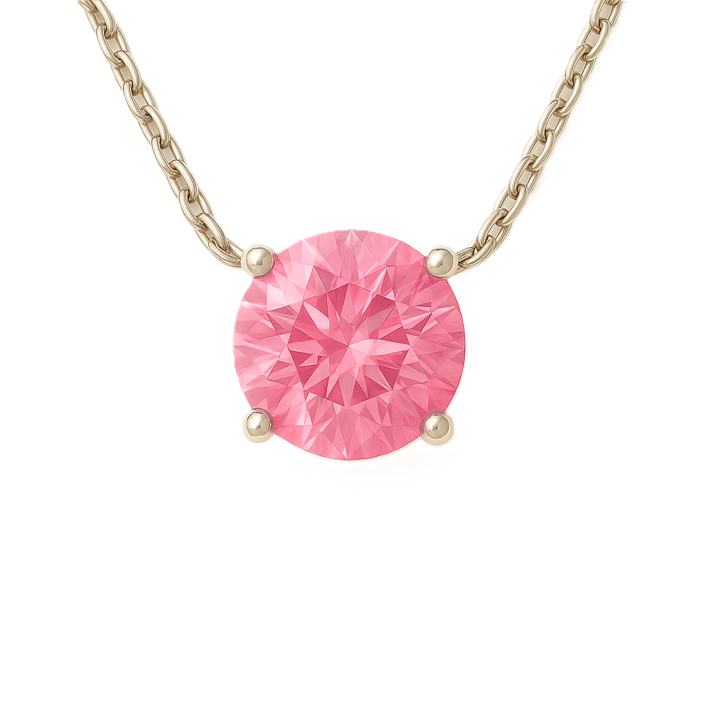 Radiant pink sapphire solitaire necklace in 925 silver with 6mm round brilliant-cut stone. Elegant, hypoallergenic, and timeless. Available now at BSI Jewelry.