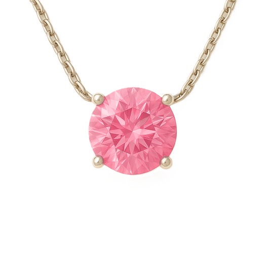 Radiant pink sapphire solitaire necklace in 925 silver with 6mm round brilliant-cut stone. Elegant, hypoallergenic, and timeless. Available now at BSI Jewelry.