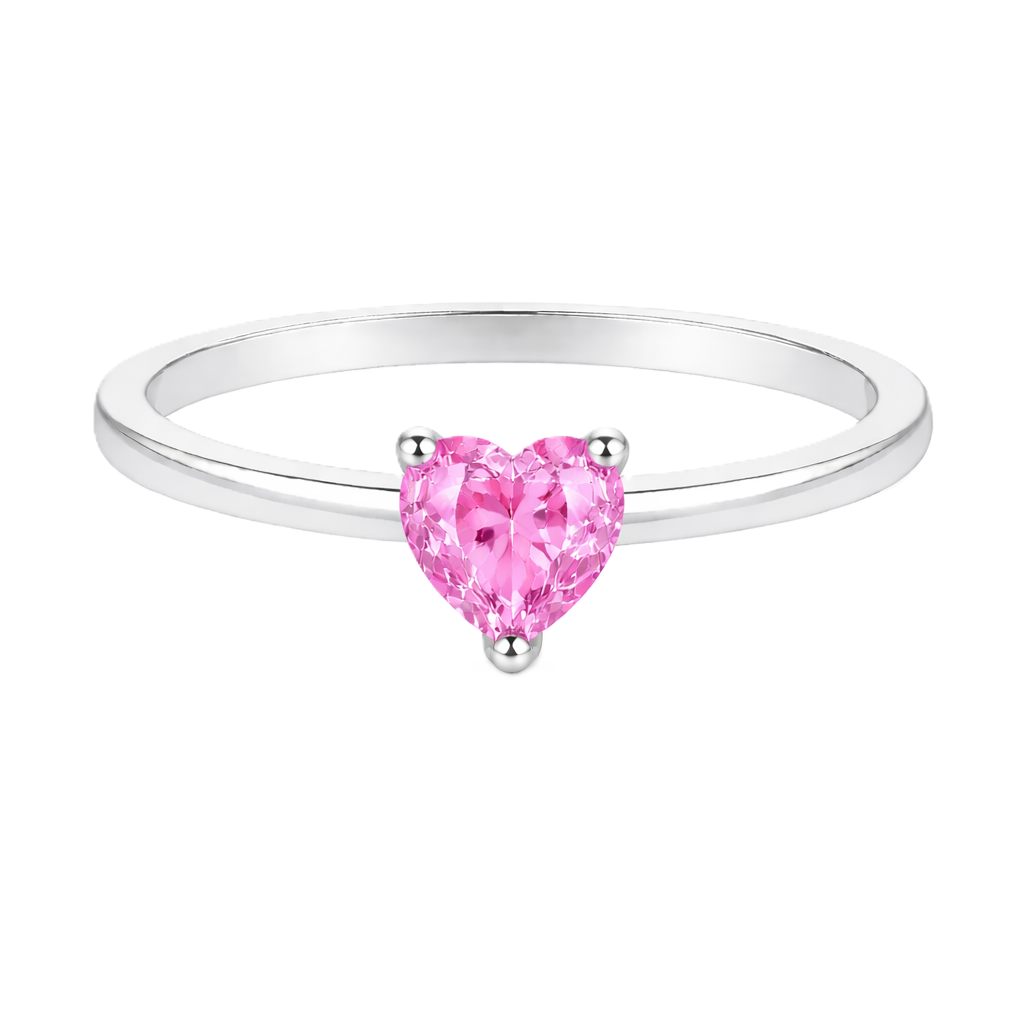 Pink sapphire solitaire ring with a 5 mm heart in white gold-plated 925 silver. Elegant, minimal, and timeless for daily wear. Available now at BSI Jewelry.