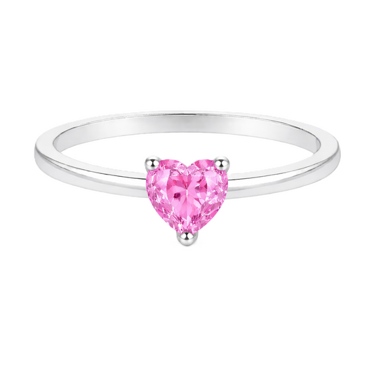 Pink sapphire solitaire ring with a 5 mm heart in white gold-plated 925 silver. Elegant, minimal, and timeless for daily wear. Available now at BSI Jewelry.