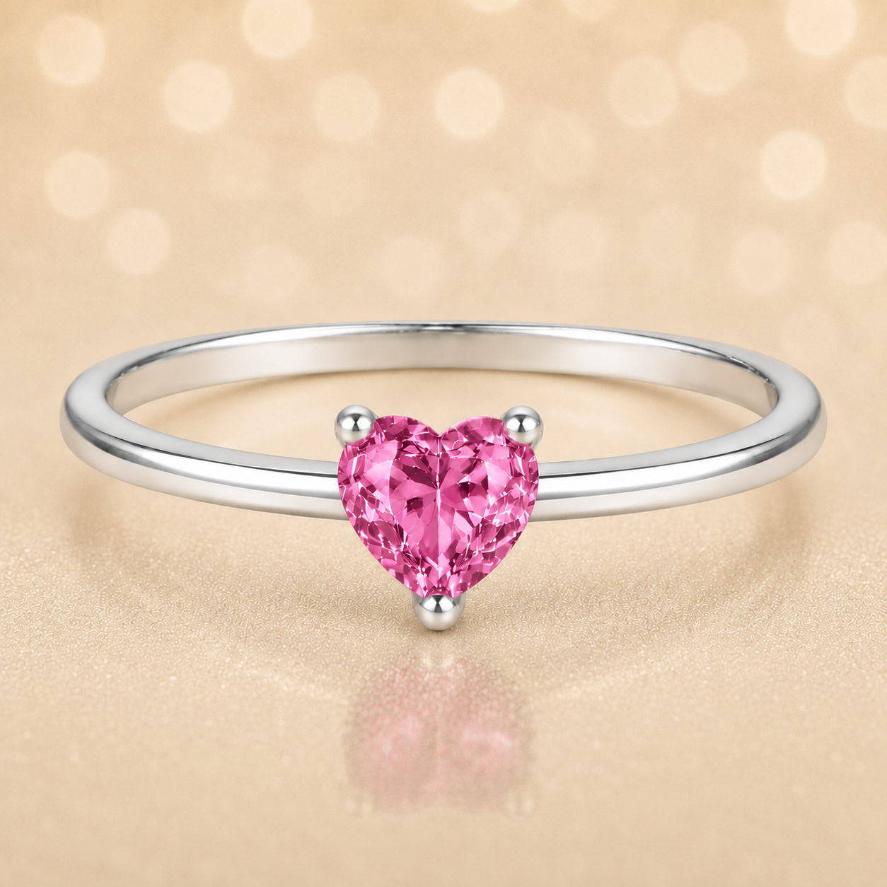 Pink sapphire solitaire ring with a 5 mm heart in white gold-plated 925 silver. Elegant, minimal, and timeless for daily wear. Available now at BSI Jewelry.