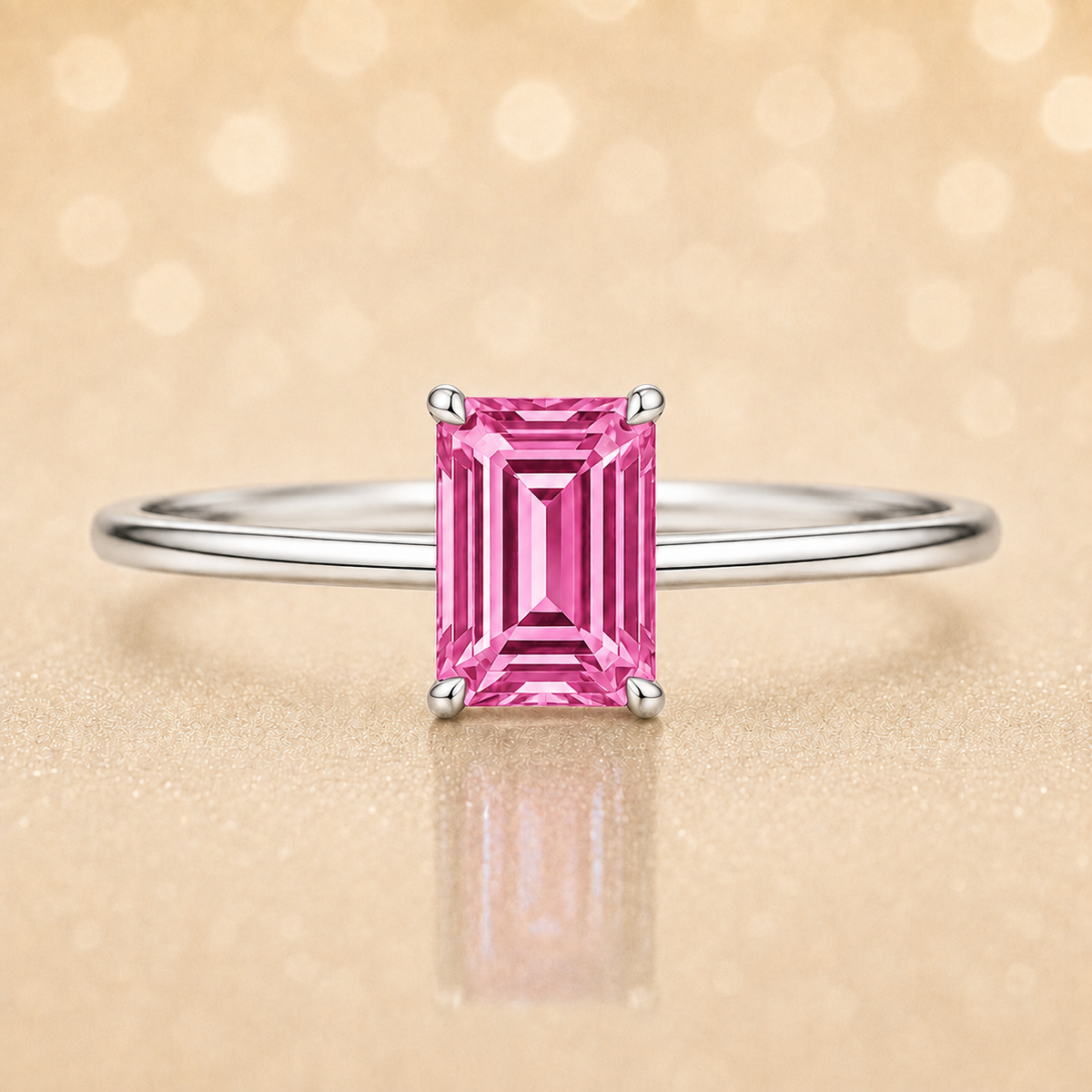 Elegant 6×4 mm emerald-cut pink sapphire ring crafted in white gold-plated 925 silver with palladium alloy. Timeless brilliance. Available now at BSI Jewelry.