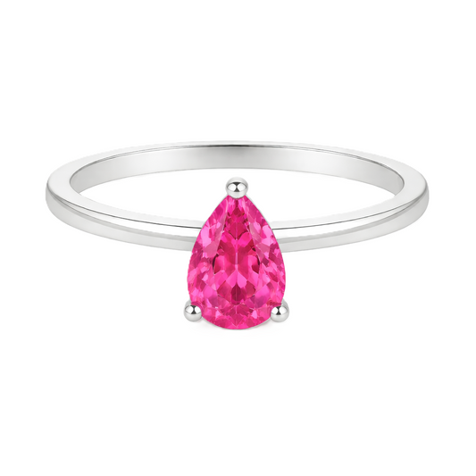 Pink sapphire solitaire ring with a 6×4 mm pear in white gold-plated 925 silver. Elegant, minimal, and timeless for daily wear. Available now at BSI Jewelry.