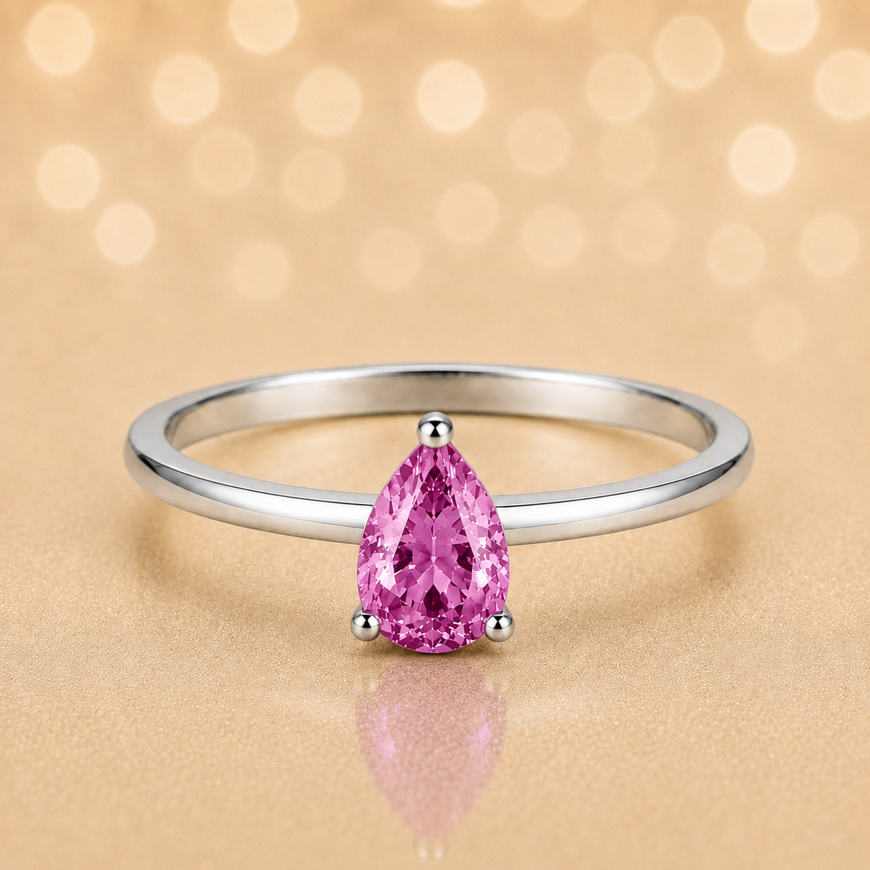 Pink sapphire solitaire ring with a 6×4 mm pear in white gold-plated 925 silver. Elegant, minimal, and timeless for daily wear. Available now at BSI Jewelry.