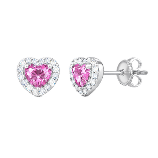 Pink sapphire stud earrings with 4 mm heart cut in white gold-plated 925 silver, accented with moissanite and screw-back posts. Available now at BSI Jewelry.