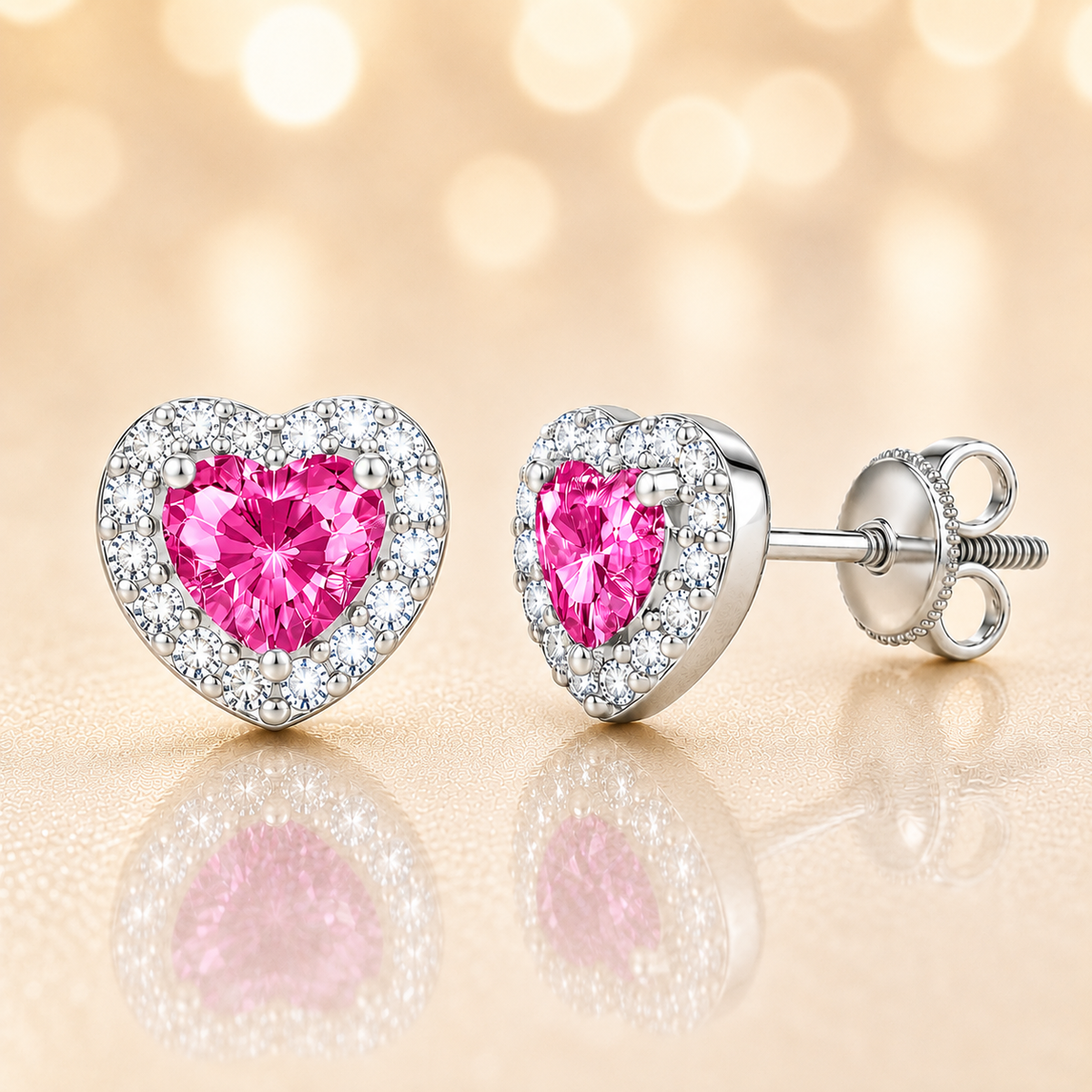 Pink sapphire stud earrings with 4 mm heart cut in white gold-plated 925 silver, accented with moissanite and screw-back posts. Available now at BSI Jewelry.