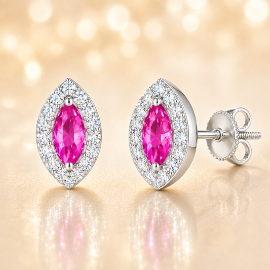 Pink sapphire stud earrings with 5×2.5 mm marquise in white gold-plated 925 silver, accented with moissanite. Elegant and feminine. Available now at BSI Jewelry.