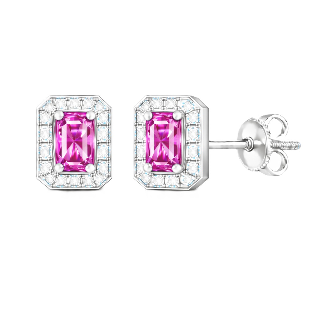Pink sapphire stud earrings with 5×3 mm emerald in white gold-plated 925 silver, accented with moissanite and screw-back posts. Available now at BSI Jewelry.