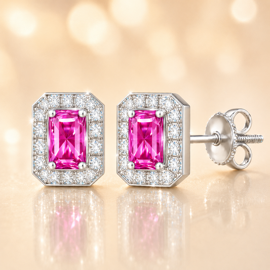 Pink sapphire stud earrings with 5×3 mm emerald in white gold-plated 925 silver, accented with moissanite and screw-back posts. Available now at BSI Jewelry.