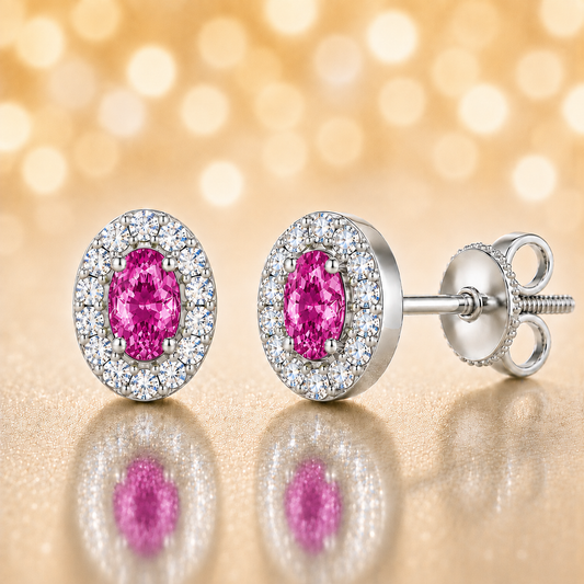 Pink sapphire stud earrings with 5×3 mm oval in white gold-plated 925 silver, accented with moissanite and secure screw-back posts. Available now at BSI Jewelry.